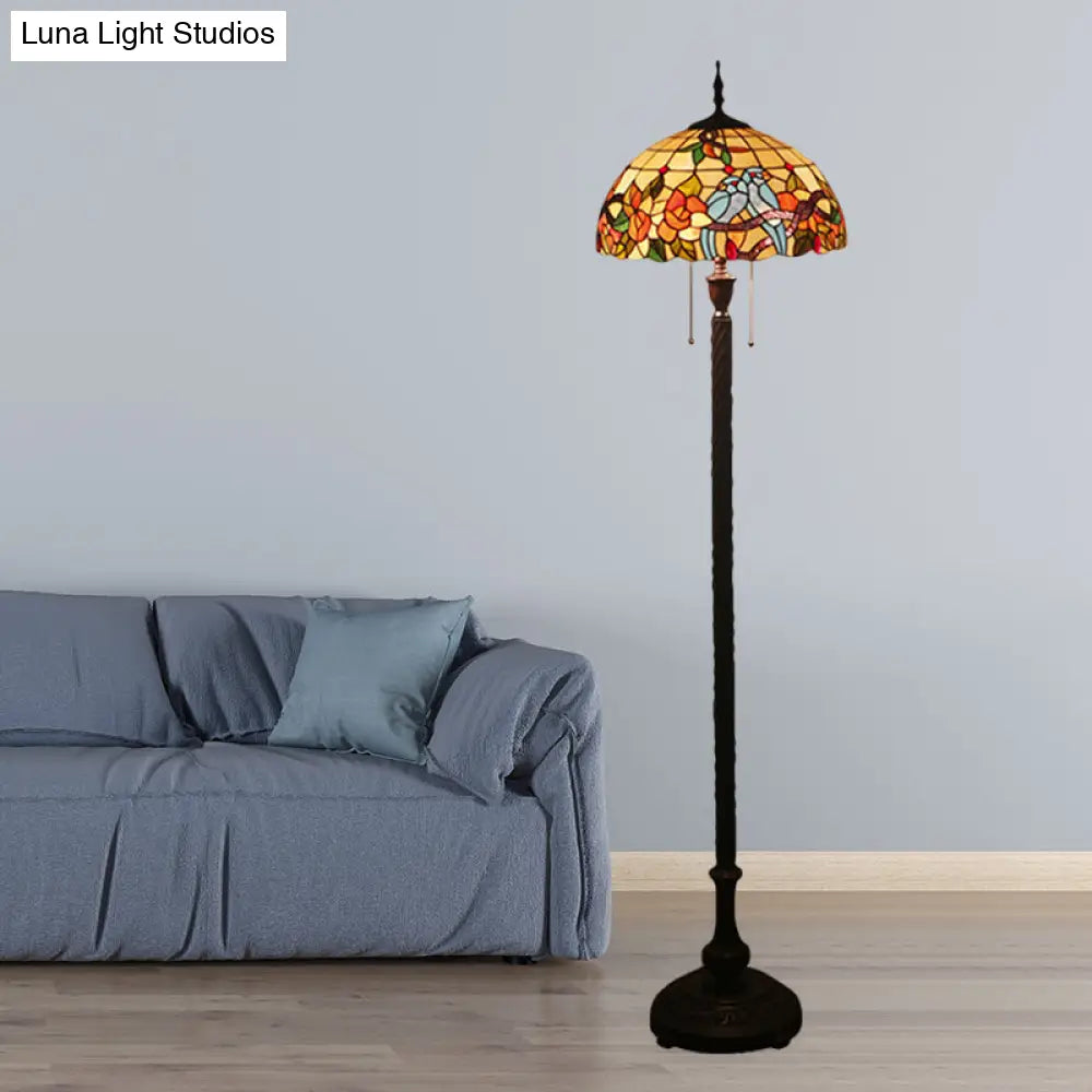 Victorian Copper Standing Lamp with Cut Glass Flower and Bird Design, 2 Lights and Bowl Shade