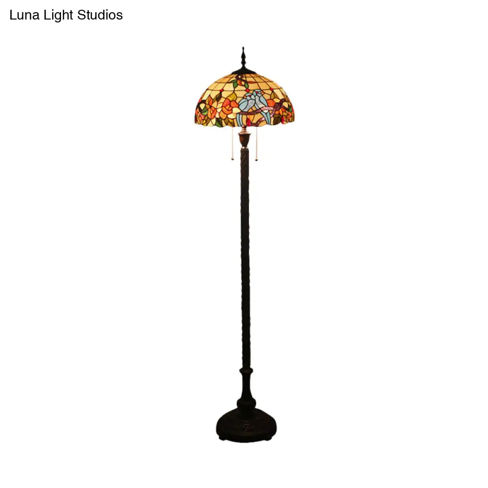 Victorian Copper Standing Lamp with Cut Glass Flower and Bird Design, 2 Lights and Bowl Shade