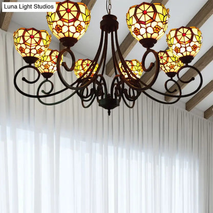 Victorian Cut Glass Arched Chandelier - 8-Light Red/Yellow/Dark Red Pendant Lamp for Living Room