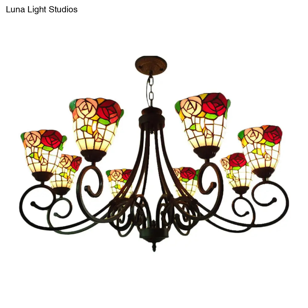 Victorian Cut Glass Arched Chandelier - 8-Light Red/Yellow/Dark Red Pendant Lamp for Living Room