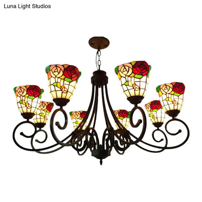 Victorian Cut Glass Arched Chandelier - 8-Light Red/Yellow/Dark Red Pendant Lamp for Living Room