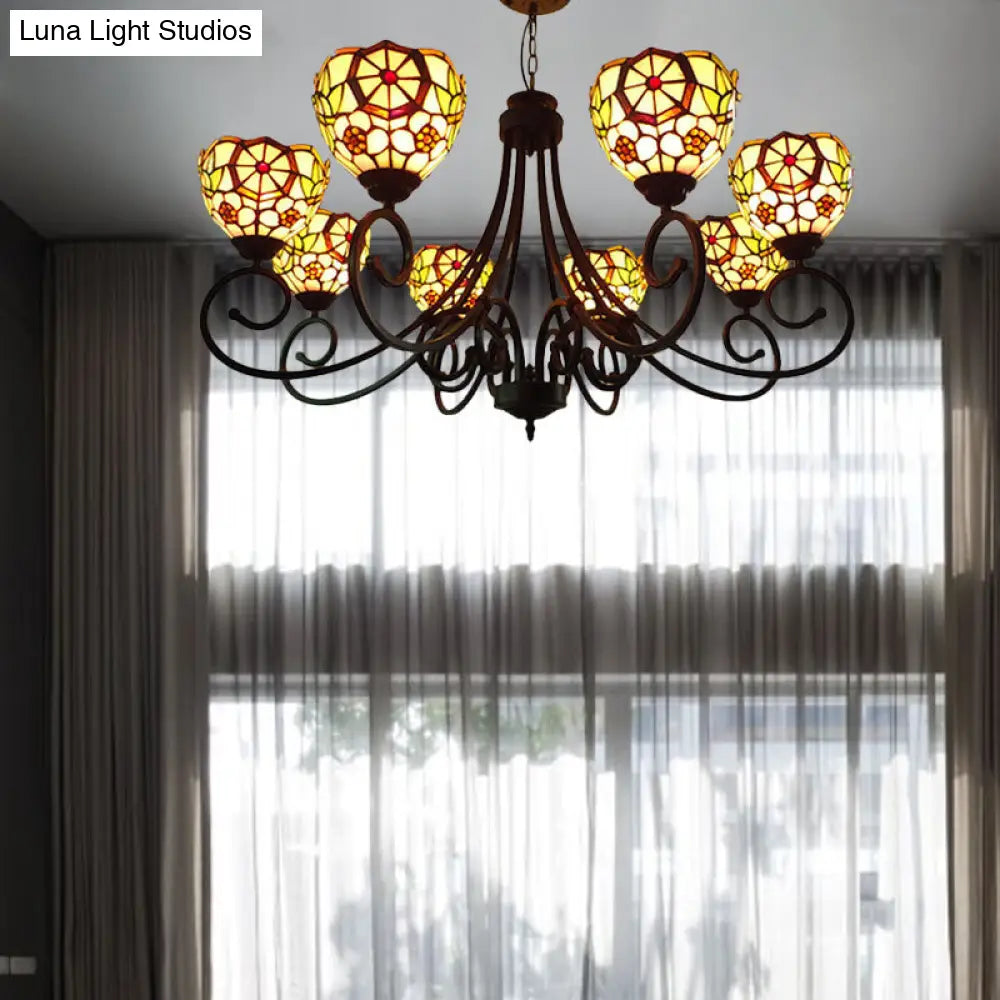 Victorian Cut Glass Arched Chandelier - 8-Light Red/Yellow/Dark Red Pendant Lamp for Living Room