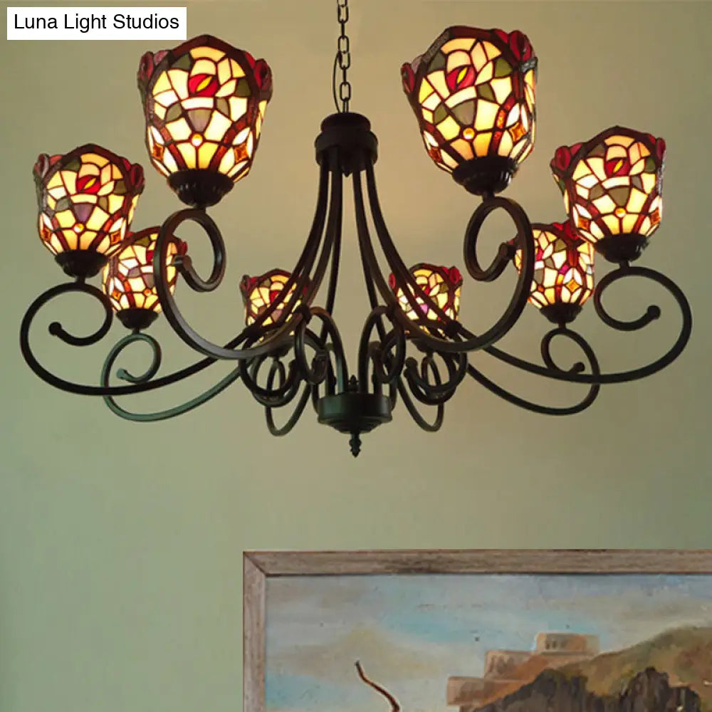 Victorian Cut Glass Arched Chandelier - 8-Light Red/Yellow/Dark Red Pendant Lamp for Living Room