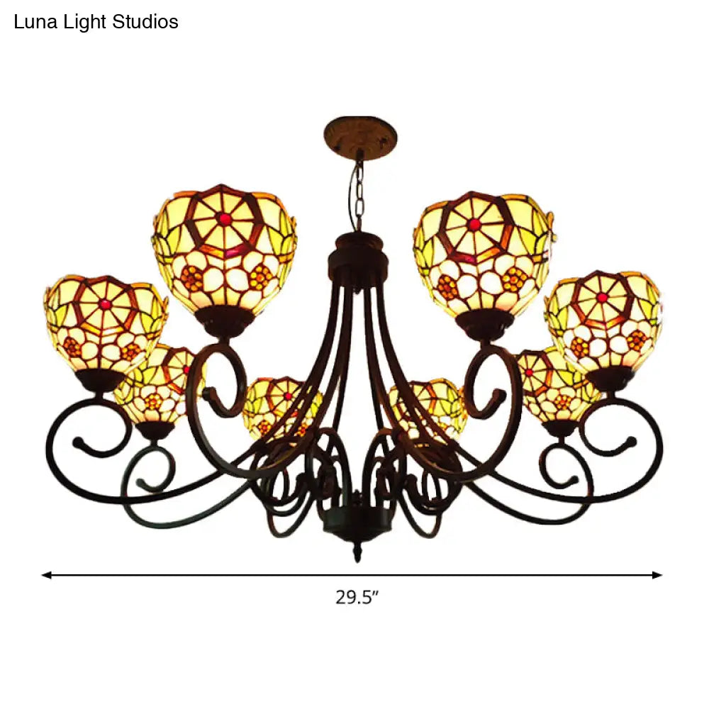 Victorian Cut Glass Arched Chandelier - 8-Light Red/Yellow/Dark Red Pendant Lamp for Living Room
