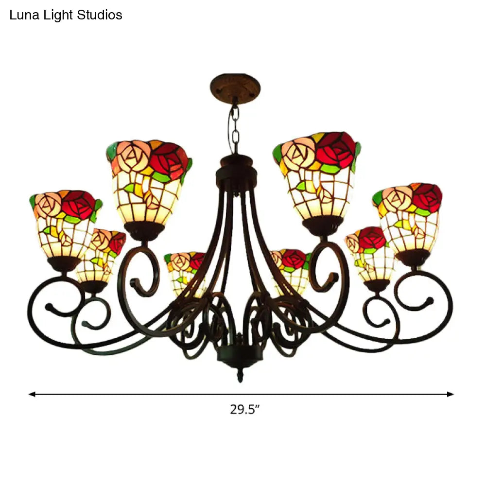 Victorian Cut Glass Arched Chandelier - 8-Light Red/Yellow/Dark Red Pendant Lamp for Living Room