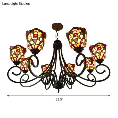 Victorian Cut Glass Arched Chandelier - 8-Light Red/Yellow/Dark Red Pendant Lamp for Living Room