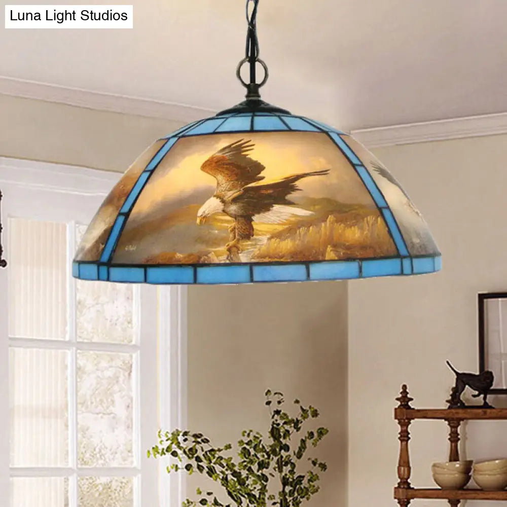 Victorian Cut Glass Hanging Light Kit - 1-Bulb Yellow/Blue Pendant Lamp with Eagle Pattern for Dining Room