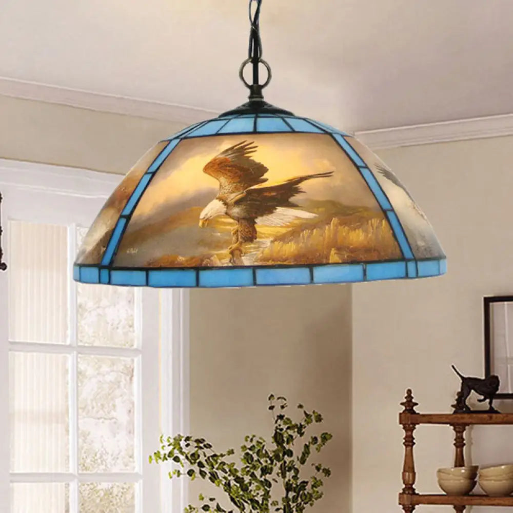 Victorian Cut Glass Hanging Light Kit - 1-Bulb Yellow/Blue Pendant Lamp with Eagle Pattern for Dining Room