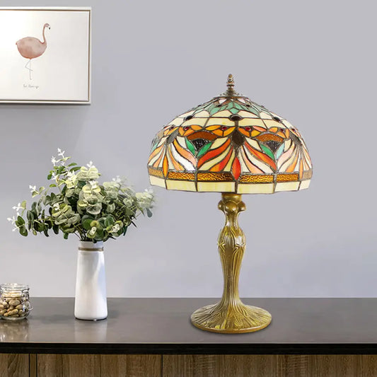 Victorian Cut Glass Nightstand Lamp with Fish Pattern - Bronze Dome Shade, 1-Bulb Night Table Light