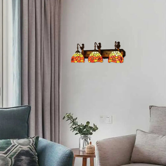 Victorian Dome Orange Glass Sconce Light Fixture - Antique Brass Wall Mounted with Flower Pattern (3-Head)