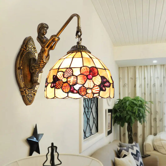 Victorian Dome Sconce Light with Beige Glass and Flower Pattern - 1 Head Bedside Wall Mount Light