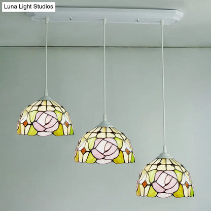 Victorian Dome Stained Glass Pendulum Light with White Rose Pattern - 3-Head Cluster Pendant for Dining Room