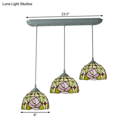 Victorian Dome Stained Glass Pendulum Light with White Rose Pattern - 3-Head Cluster Pendant for Dining Room