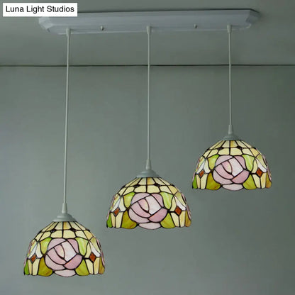 Victorian Dome Stained Glass Pendulum Light with White Rose Pattern - 3-Head Cluster Pendant for Dining Room