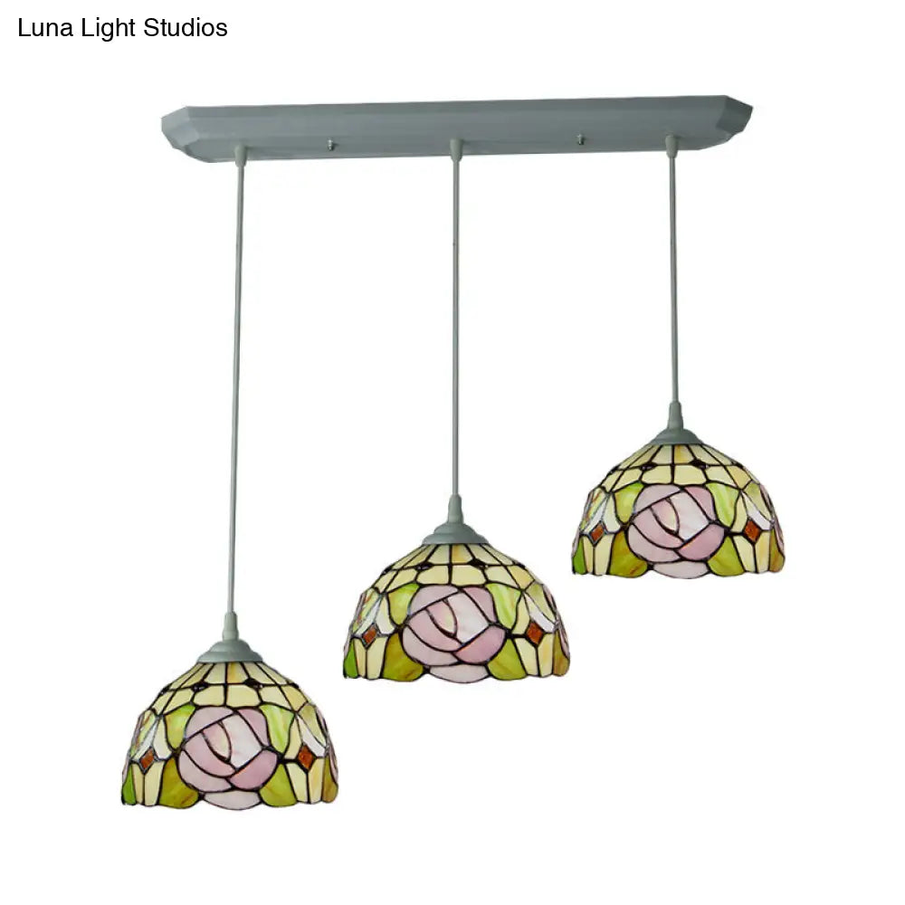 Victorian Dome Stained Glass Pendulum Light with White Rose Pattern - 3-Head Cluster Pendant for Dining Room