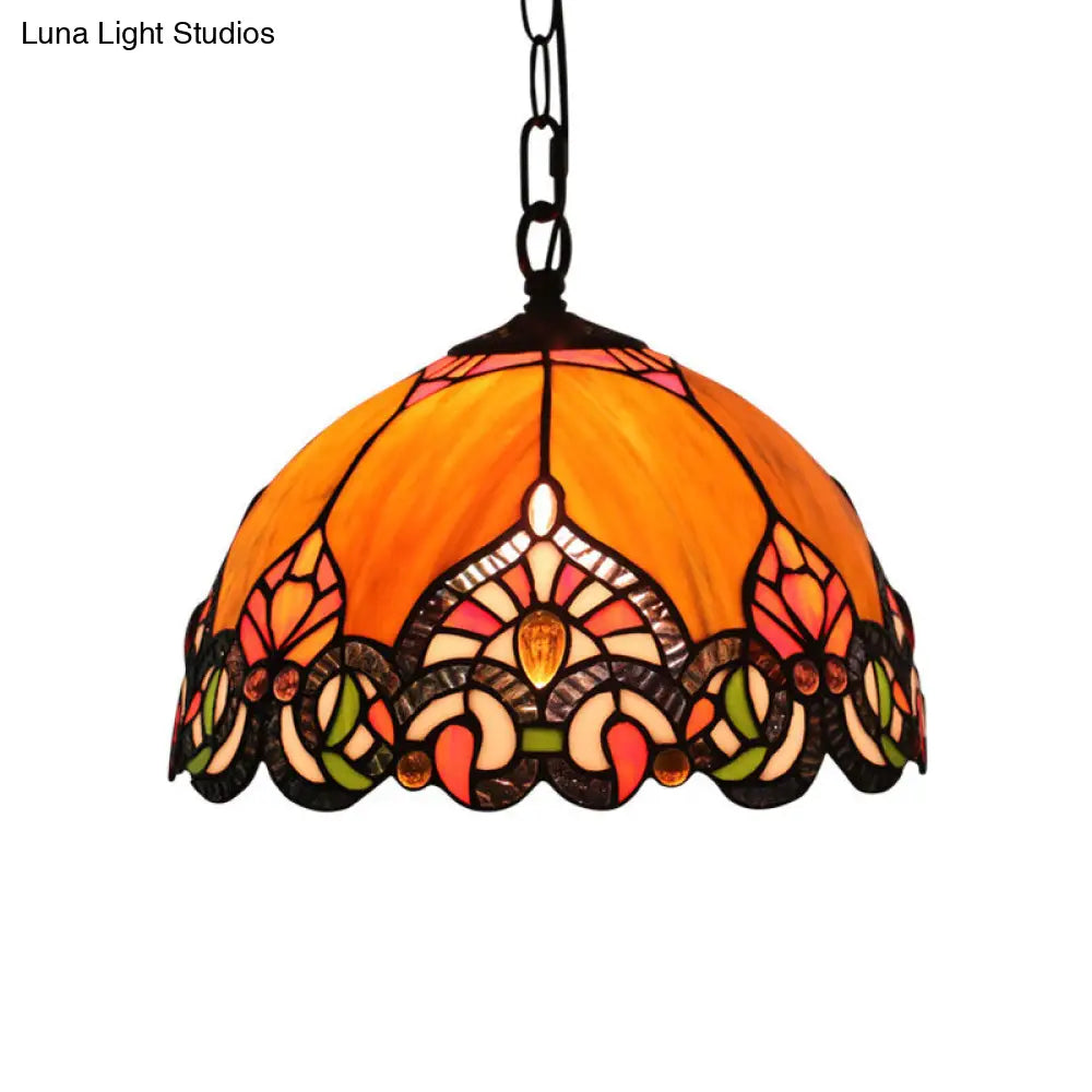 Victorian Domed Ceiling Pendant with 1 Light: Elegant Orange Cut Glass Hanging Light Kit for Living Room