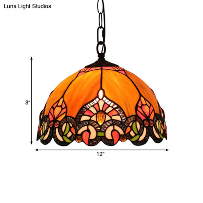 Victorian Domed Ceiling Pendant with 1 Light: Elegant Orange Cut Glass Hanging Light Kit for Living Room