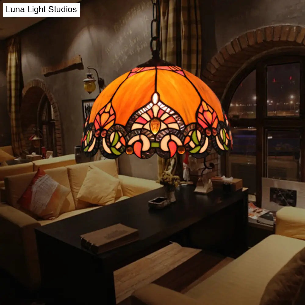 Victorian Domed Ceiling Pendant with 1 Light: Elegant Orange Cut Glass Hanging Light Kit for Living Room