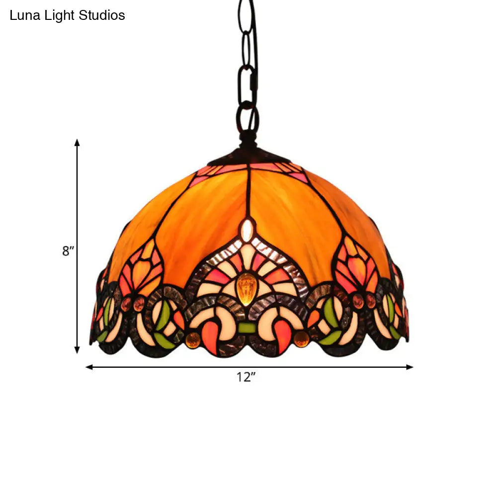 Victorian Domed Ceiling Pendant with 1 Light: Elegant Orange Cut Glass Hanging Light Kit for Living Room