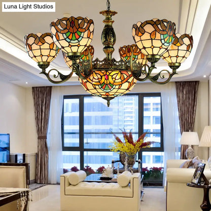 Victorian Domed Pendant Lamp: 11-Light Stained Glass Chandelier in Beige for Living Room