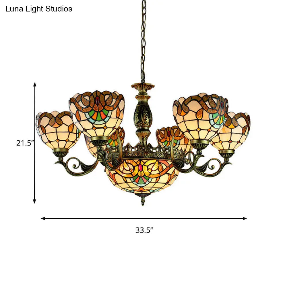 Victorian Domed Pendant Lamp: 11-Light Stained Glass Chandelier in Beige for Living Room