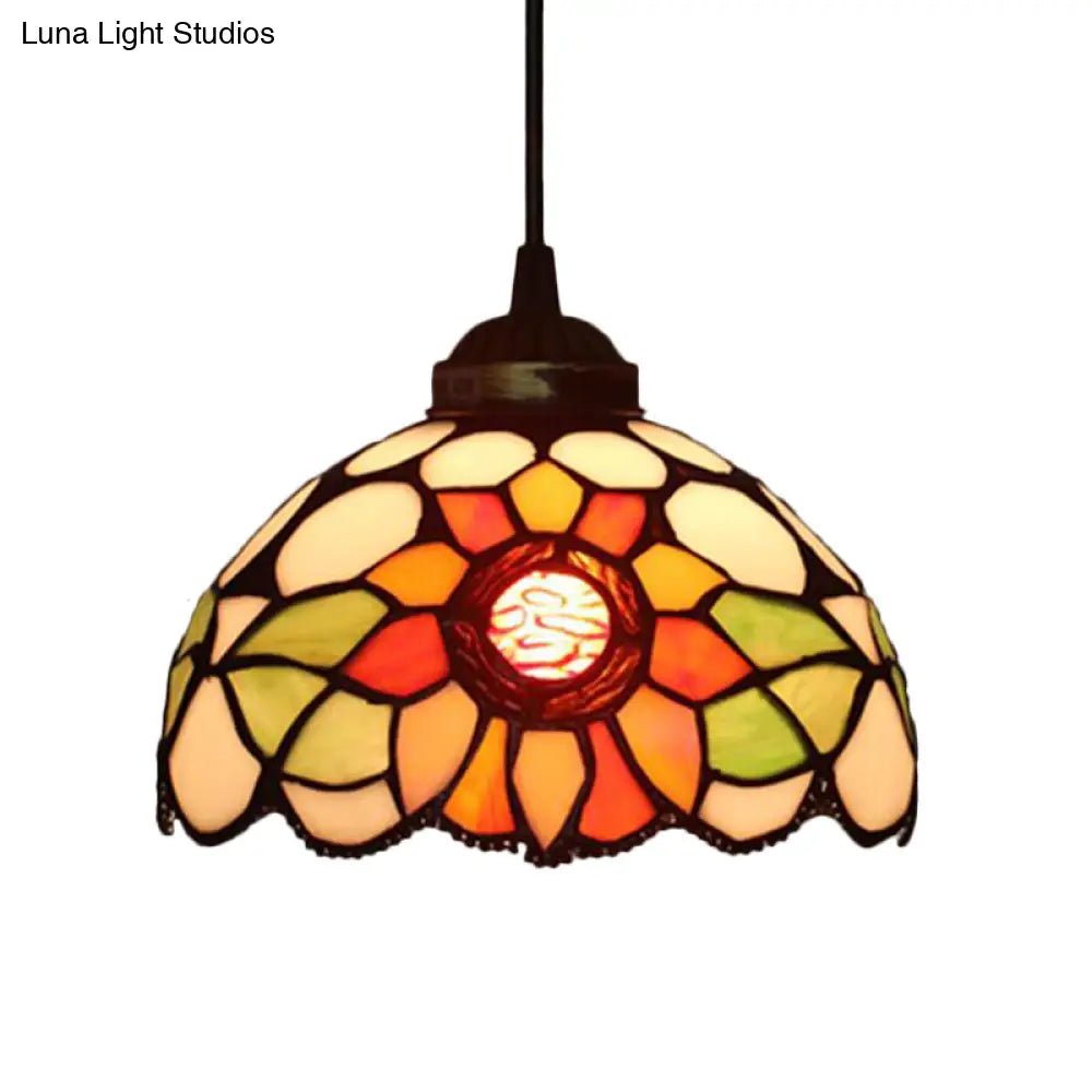 Victorian Floral Ceiling Pendant Light Fixture for Dining Room - Beige/Red/Pink Cut Glass Hanging Lamp