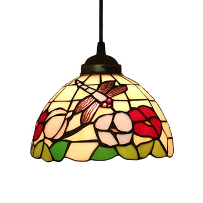 Victorian Floral Ceiling Pendant Light Fixture for Dining Room - Beige/Red/Pink Cut Glass Hanging Lamp