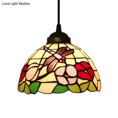 Victorian Floral Ceiling Pendant Light Fixture for Dining Room - Beige/Red/Pink Cut Glass Hanging Lamp