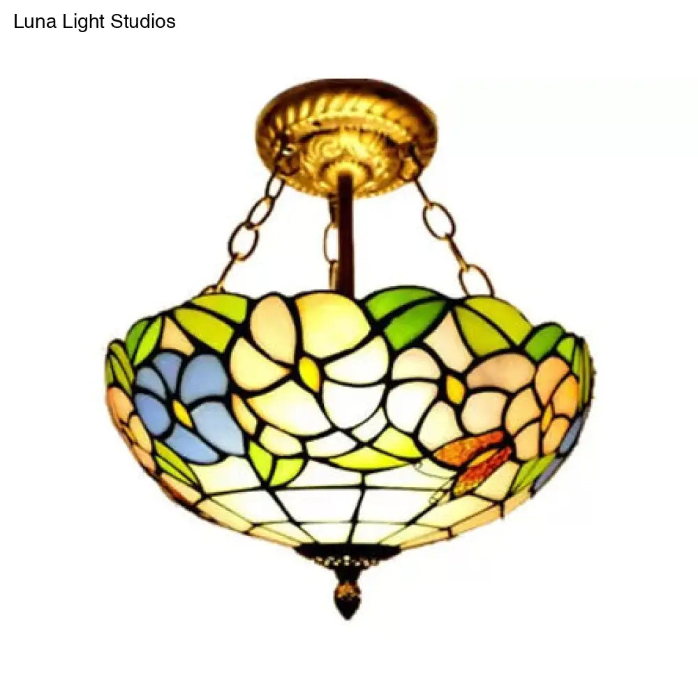 DecorBites™ DecorBites™ Victorian Floral Semi Flush LED Ceiling Light with Stained Glass Shade - 12" W