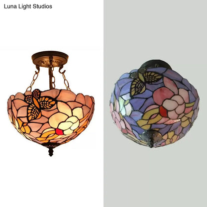 DecorBites™ DecorBites™ Victorian Floral Semi Flush LED Ceiling Light with Stained Glass Shade - 12" W