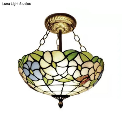 DecorBites™ DecorBites™ Victorian Floral Semi Flush LED Ceiling Light with Stained Glass Shade - 12" W