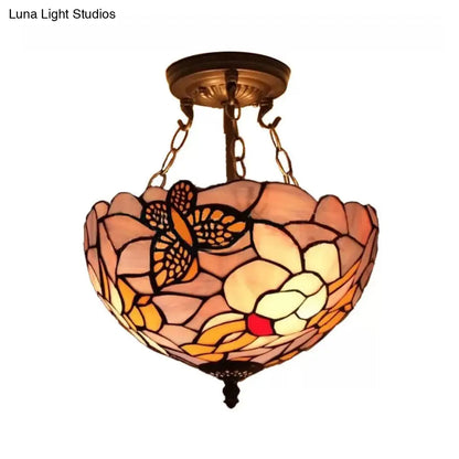 DecorBites™ DecorBites™ Victorian Floral Semi Flush LED Ceiling Light with Stained Glass Shade - 12" W