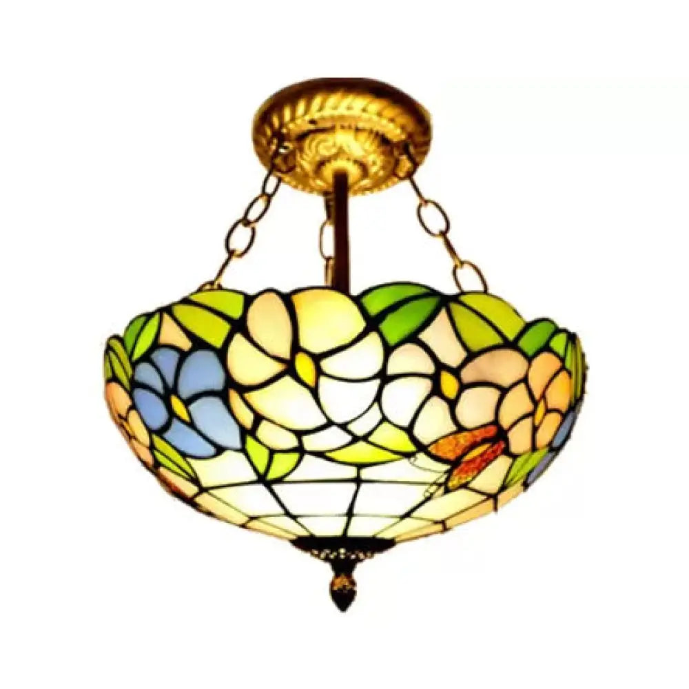 DecorBites™ DecorBites™ Victorian Floral Semi Flush LED Ceiling Light with Stained Glass Shade - 12" W