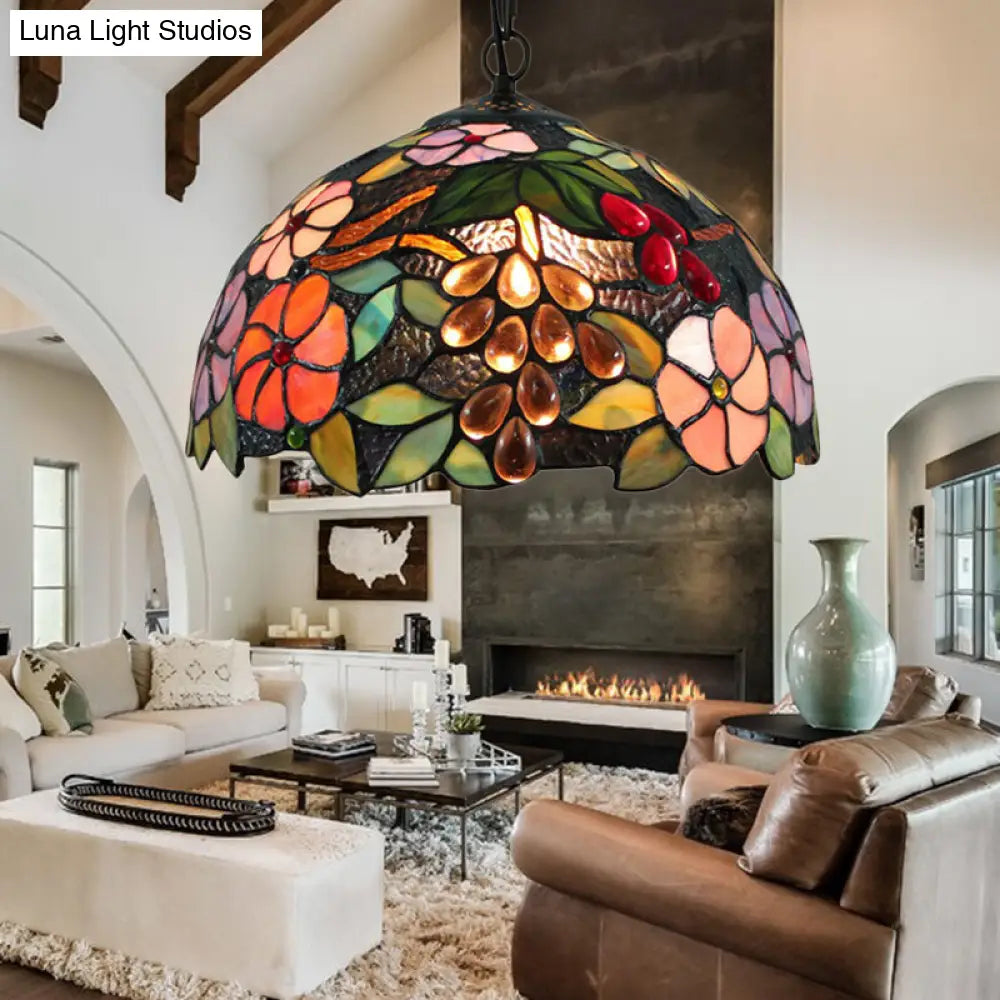 Victorian Flower Ceiling Lamp - Handcrafted Art Glass Pendant Light, Black, 1 Bulb, 12"/16" Wide