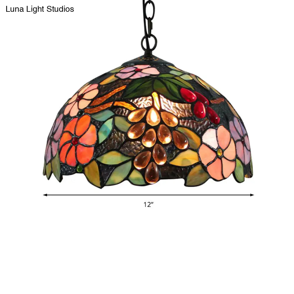 Victorian Flower Ceiling Lamp - Handcrafted Art Glass Pendant Light, Black, 1 Bulb, 12"/16" Wide