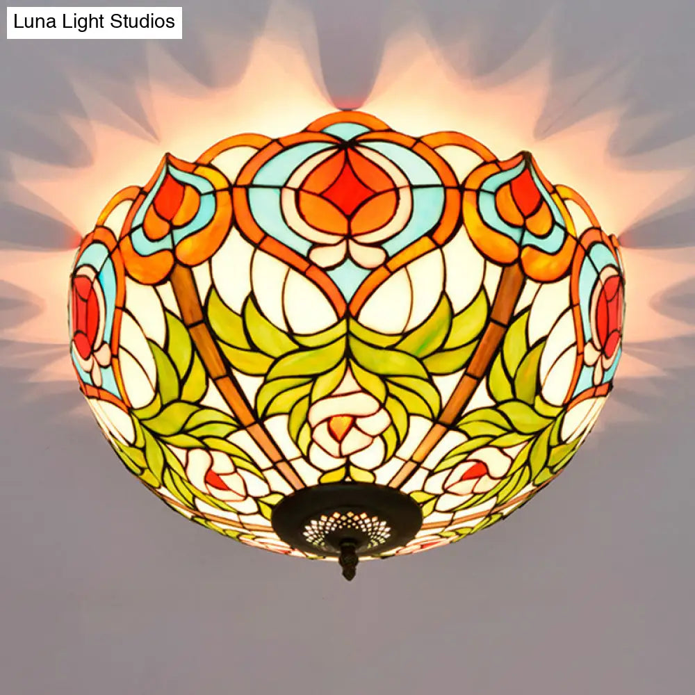 DecorBites™ DecorBites™ Victorian Glass Ceiling Flush Mount Light Fixture - Bowl Cut, 2/3/5 Heads, White/Green, 12"/16"/19.5" Wide