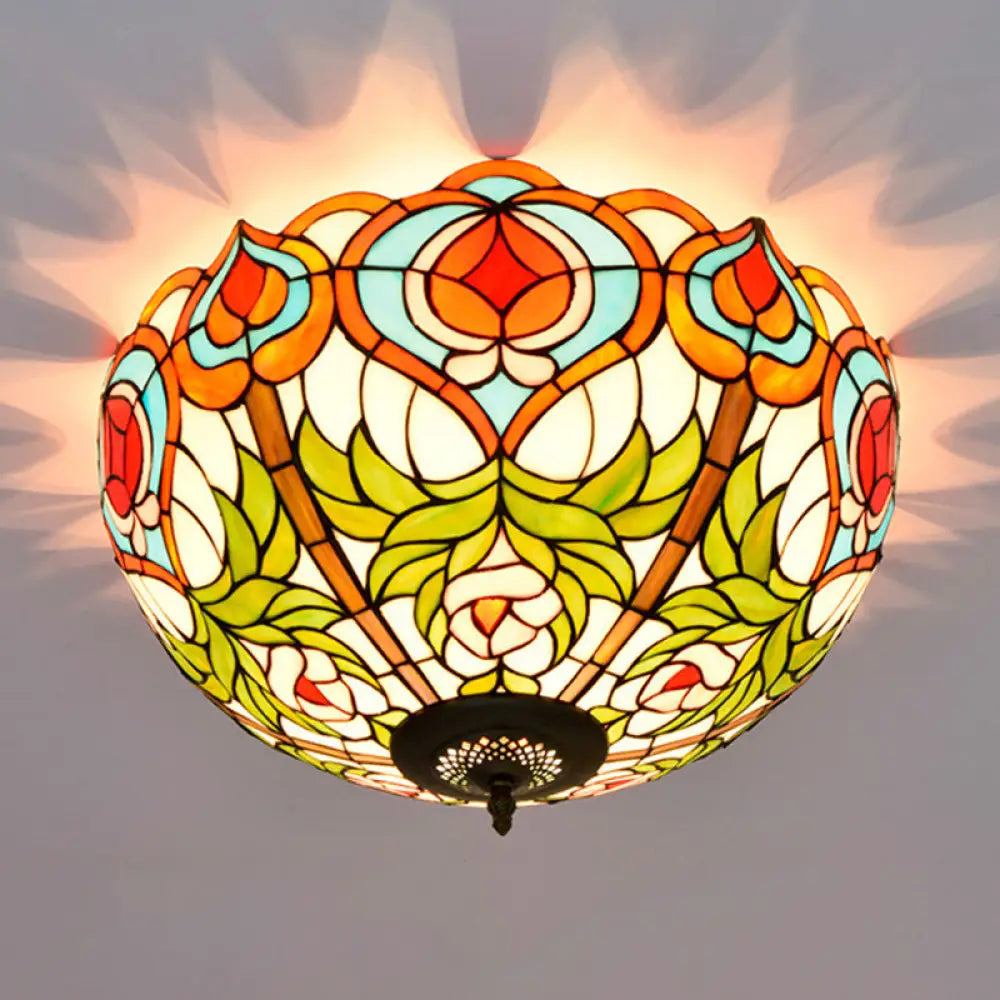 DecorBites™ DecorBites™ Victorian Glass Ceiling Flush Mount Light Fixture - Bowl Cut, 2/3/5 Heads, White/Green, 12"/16"/19.5" Wide