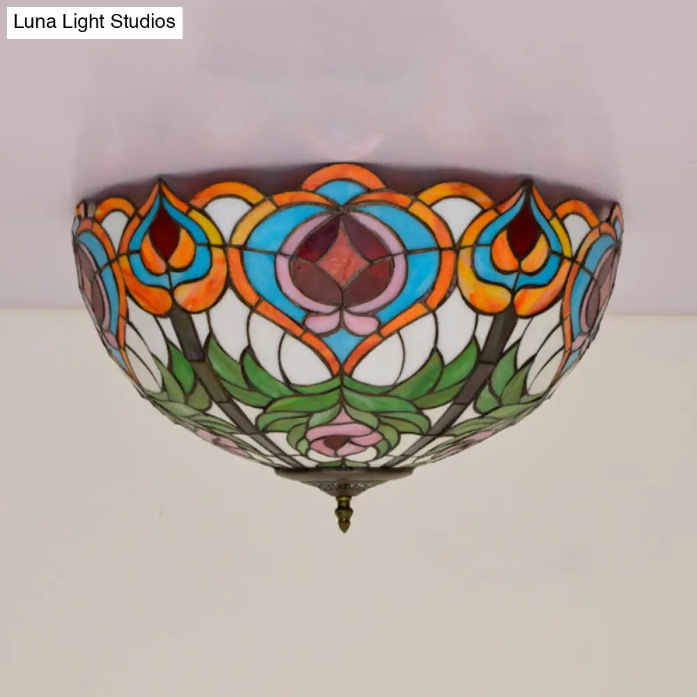 DecorBites™ DecorBites™ Victorian Glass Ceiling Flush Mount Light Fixture - Bowl Cut, 2/3/5 Heads, White/Green, 12"/16"/19.5" Wide
