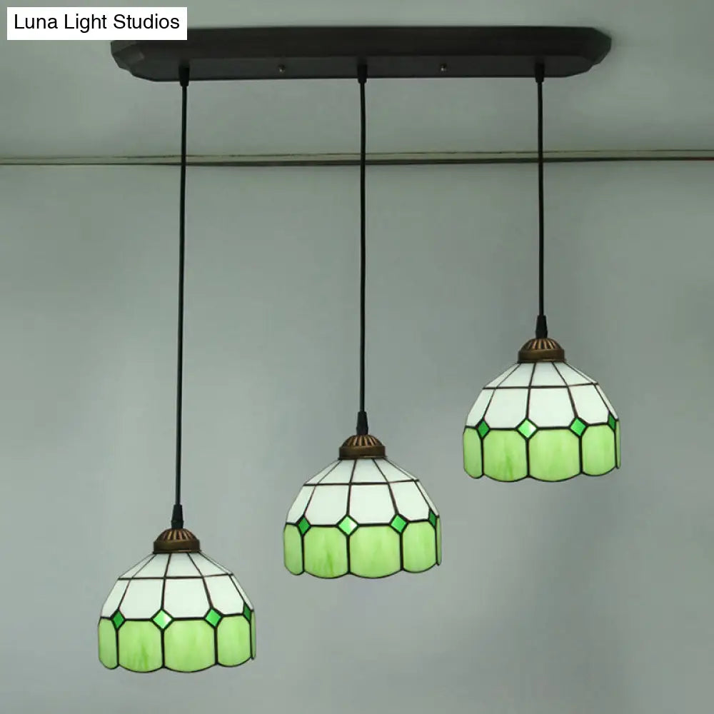 Victorian Green 3-Head Dining Room Pendant Light with Hand-Cut Glass Shade