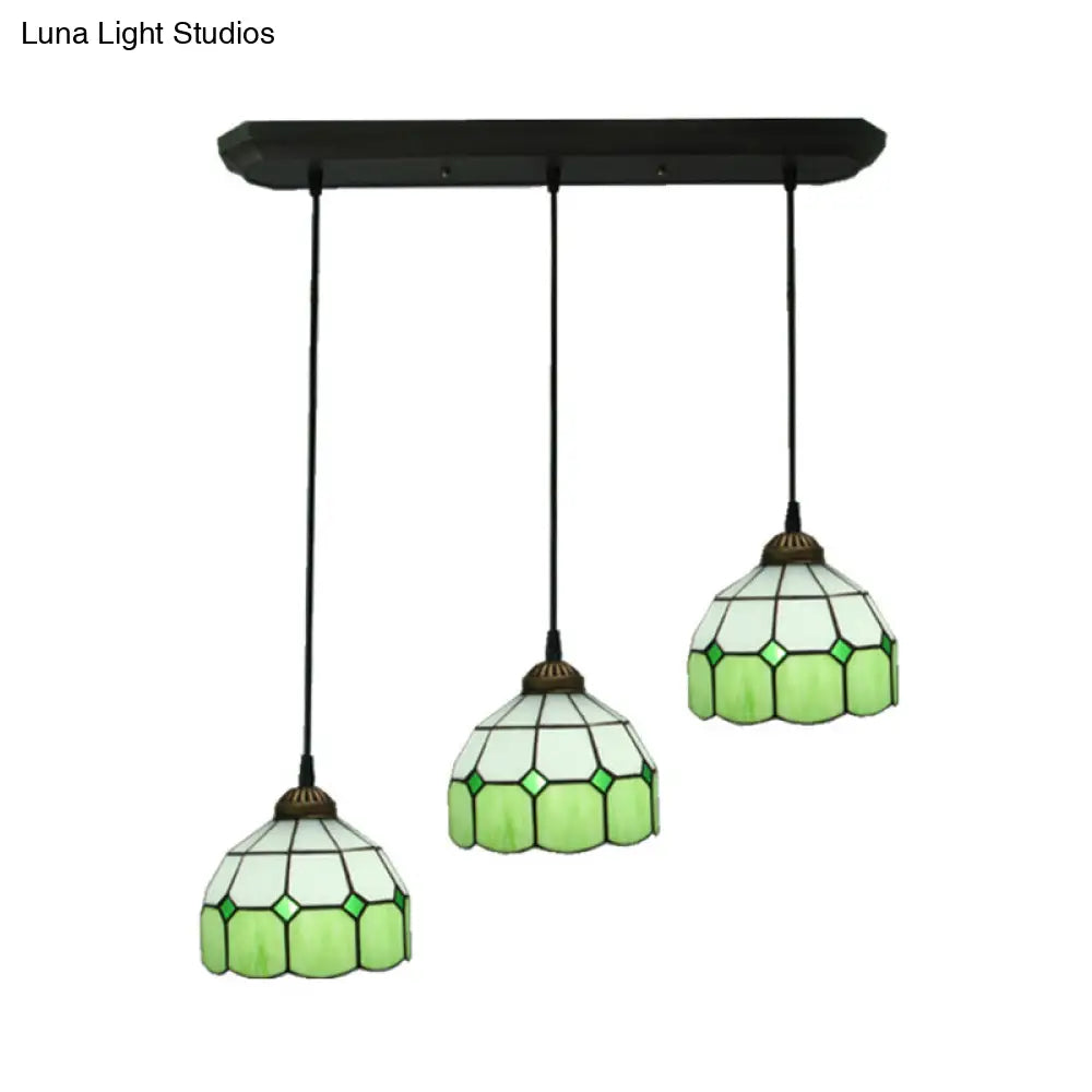 Victorian Green 3-Head Dining Room Pendant Light with Hand-Cut Glass Shade