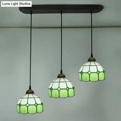 Victorian Green 3-Head Dining Room Pendant Light with Hand-Cut Glass Shade