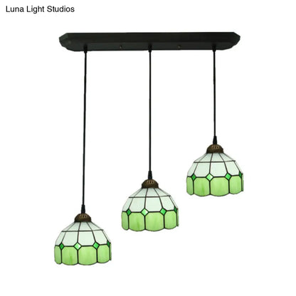 Victorian Green 3-Head Dining Room Pendant Light with Hand-Cut Glass Shade