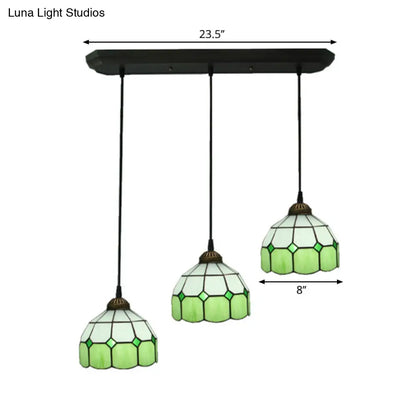 Victorian Green 3-Head Dining Room Pendant Light with Hand-Cut Glass Shade