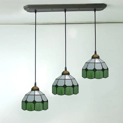 Victorian Green 3-Head Dining Room Pendant Light with Hand-Cut Glass Shade