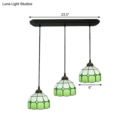 Victorian Green 3-Head Dining Room Pendant Light with Hand-Cut Glass Shade