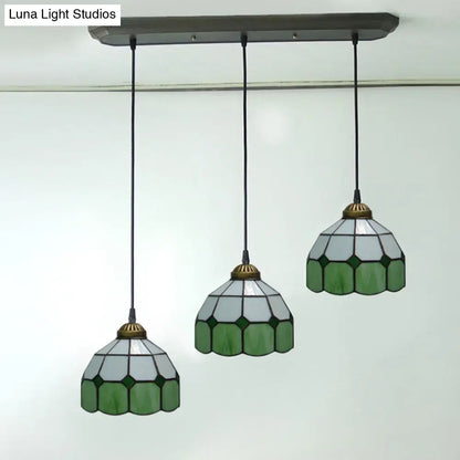 Victorian Green 3-Head Dining Room Pendant Light with Hand-Cut Glass Shade