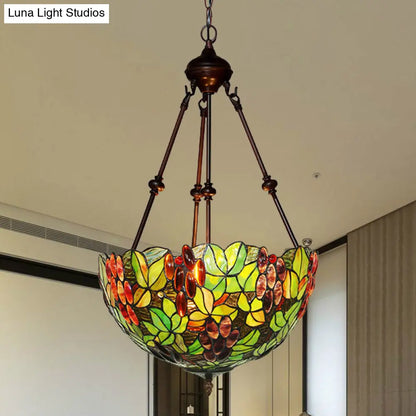 Victorian Green Ceiling Pendant Chandelier with Stained Glass Shade - 2/3 Lights