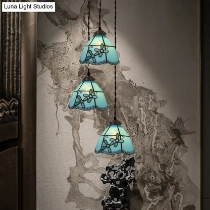 Victorian Hand Cut Glass Multi Pendant Light - Pink/Light Blue & White Bell/Bowl Drop, Floral/Fruit Pattern - 3 Heads