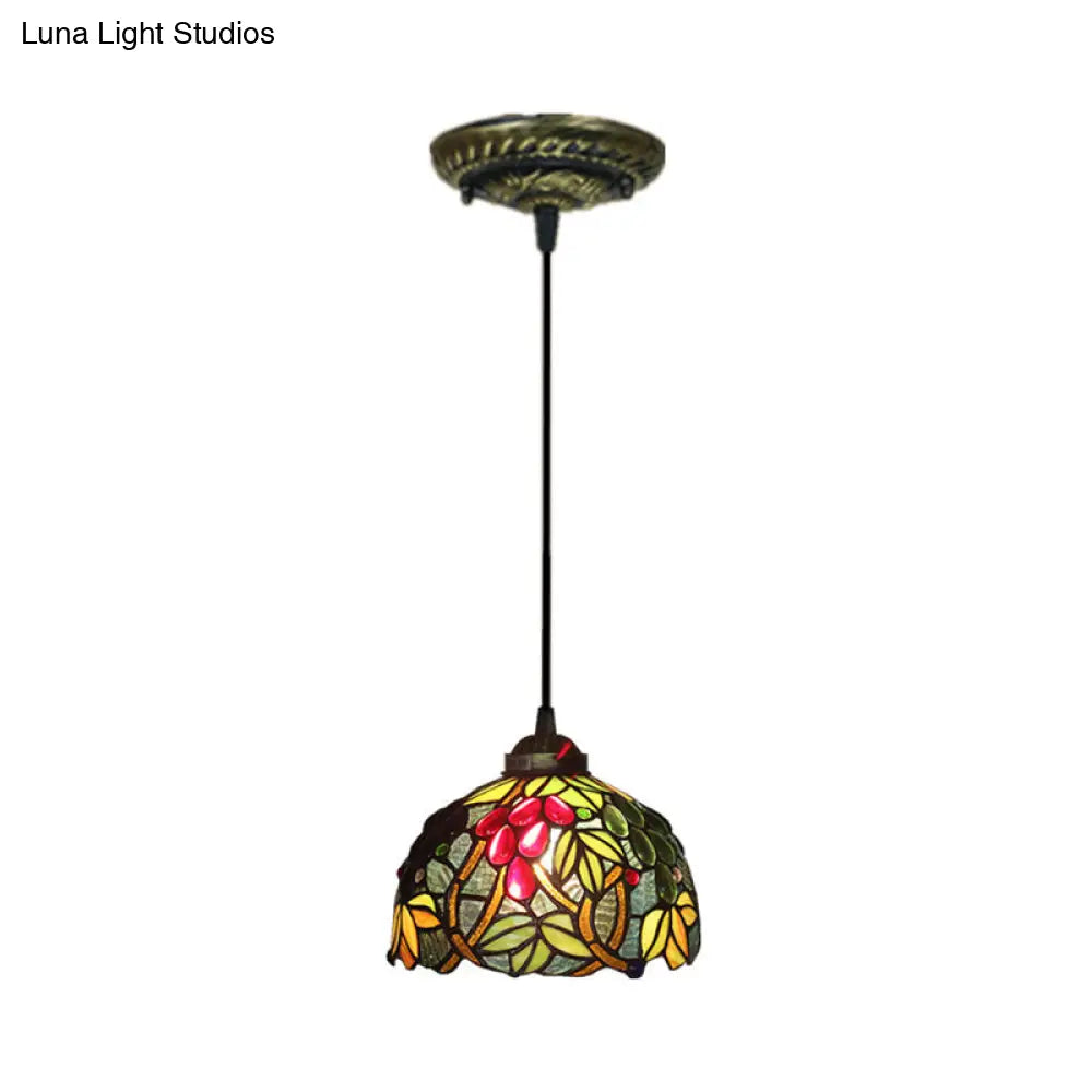 Victorian Hanging Light Fixture - Green Stained Glass Barrel Pendant with Grapevine Pattern