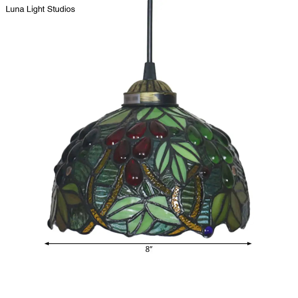 Victorian Hanging Light Fixture - Green Stained Glass Barrel Pendant with Grapevine Pattern